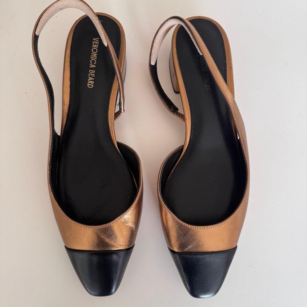 Veronica Beard Cecile Leather Cap-Toe Slingback Shoes Gold and Black 7.5